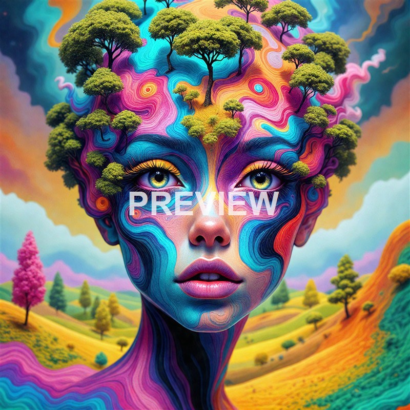 A surreal, colorful portrait of a woman's face with her hair blending into a landscape of rolling hills, trees, and swirling patterns, creating a dreamlike scene.